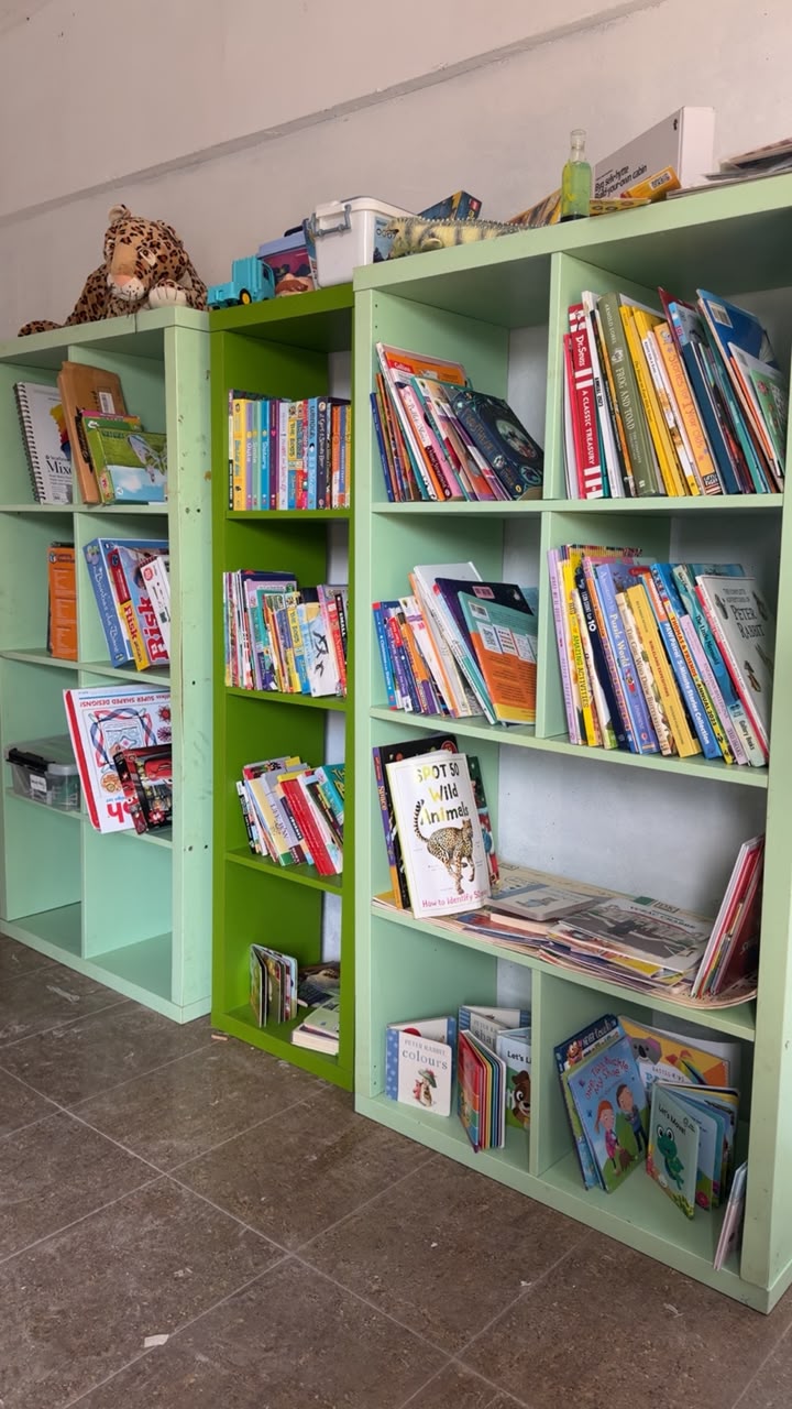 Books arranged on the shelves of the community library